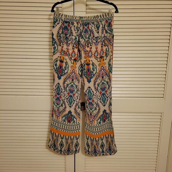 Zara Boho Patterned Lightweight Pants Women's Medium Summer Flare Elastic Waist - Picture 7 of 12